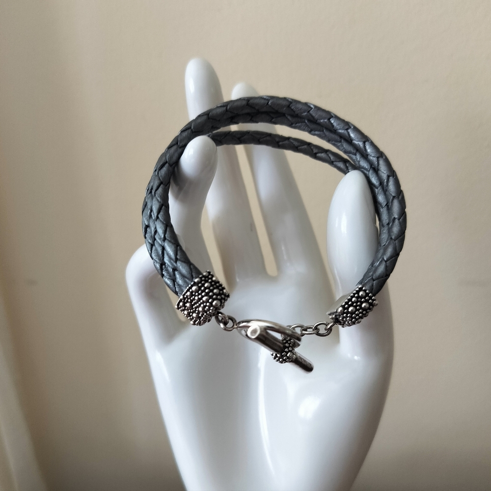 Michael Dawkins 925 Sterling Silver Color Gray Braided Leather Toggle Bracelet